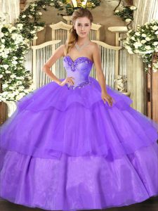 Lavender Sweetheart Lace Up Beading and Ruffled Layers Quinceanera Gowns Sleeveless