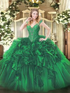 Deluxe Floor Length Green 15th Birthday Dress Organza Sleeveless Beading and Ruffles