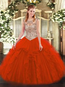 Floor Length Red Quinceanera Gowns Tulle Sleeveless Beading and Ruffles