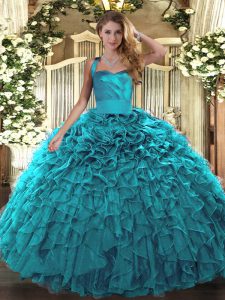 Charming Floor Length Lace Up Quinceanera Dress Teal for Military Ball and Sweet 16 and Quinceanera with Ruffles