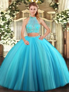 Hot Sale Sleeveless Tulle Floor Length Criss Cross Sweet 16 Quinceanera Dress in Aqua Blue with Beading