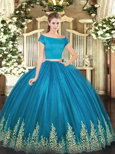 Fitting Teal Short Sleeves Floor Length Appliques Zipper 15th Birthday Dress