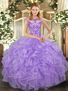 Great Cap Sleeves Organza Floor Length Lace Up Quince Ball Gowns in Lavender with Beading and Appliques and Ruffles