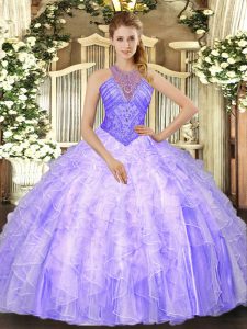 Excellent High-neck Sleeveless Organza Quinceanera Gowns Beading and Ruffles Lace Up