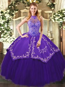 Beading and Embroidery Sweet 16 Dresses Purple Lace Up Sleeveless Floor Length