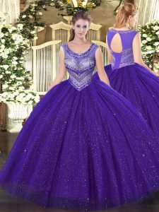 Beauteous Purple Ball Gowns Beading Quince Ball Gowns Lace Up Tulle and Sequined Sleeveless Floor Length