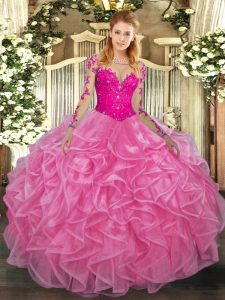 Floor Length Lace Up Quince Ball Gowns Rose Pink for Military Ball and Sweet 16 and Quinceanera with Lace and Ruffles