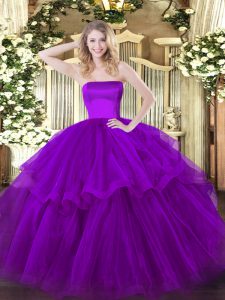 Purple Ball Gowns Strapless Sleeveless Tulle Brush Train Zipper Ruffled Layers Sweet 16 Dresses