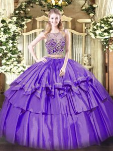 Scoop Sleeveless Lace Up Sweet 16 Dress Lavender Organza and Taffeta