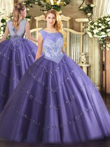 Latest Floor Length Lavender Quince Ball Gowns Tulle Sleeveless Beading