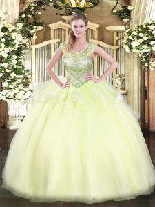 Light Yellow Organza Lace Up Sweet 16 Quinceanera Dress Sleeveless Floor Length Beading