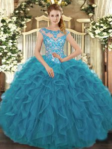 Floor Length Teal Vestidos de Quinceanera Scoop Cap Sleeves Lace Up