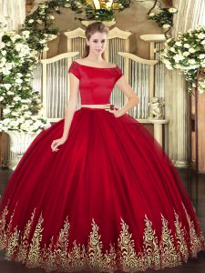 Wonderful Wine Red Tulle Zipper Off The Shoulder Short Sleeves Floor Length Quinceanera Dresses Appliques