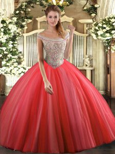 Sleeveless Tulle Floor Length Lace Up Ball Gown Prom Dress in Coral Red with Beading