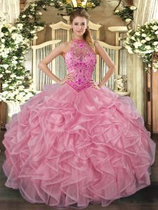 Organza Halter Top Sleeveless Lace Up Embroidery and Ruffles Quinceanera Dresses in Baby Pink