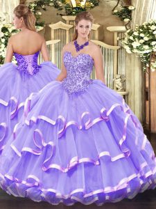 Glittering Floor Length Lavender Sweet 16 Dress Organza Sleeveless Appliques and Ruffled Layers