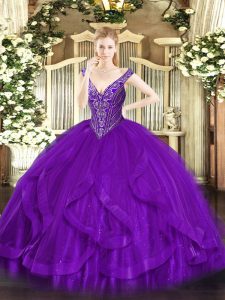 Floor Length Purple Quinceanera Gowns Tulle Sleeveless Beading and Ruffles