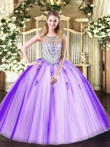 Comfortable Scoop Sleeveless Zipper Quinceanera Gown Lavender Tulle