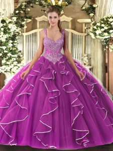 Custom Made Floor Length Ball Gowns Sleeveless Fuchsia Sweet 16 Dresses Lace Up