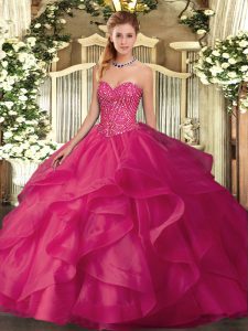 Discount Hot Pink Sleeveless Beading and Ruffles Floor Length Quinceanera Dress