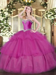 Inexpensive Fuchsia Ball Gowns Tulle Sweetheart Sleeveless Beading and Ruffled Layers Floor Length Lace Up Quinceanera Dress