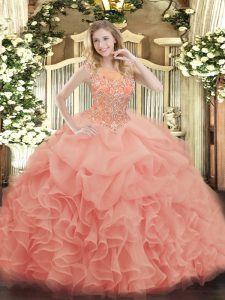 High Class Floor Length Zipper Quinceanera Gown Baby Pink for Military Ball and Sweet 16 and Quinceanera with Beading and Ruffles