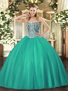 Beading Sweet 16 Dress Turquoise Lace Up Sleeveless Floor Length