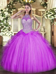 Chic Sleeveless Floor Length Beading and Ruffles Lace Up Quinceanera Dresses with Lilac