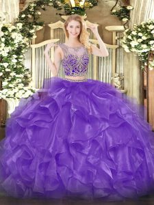 Eggplant Purple Scoop Neckline Beading and Ruffles Vestidos de Quinceanera Sleeveless Lace Up