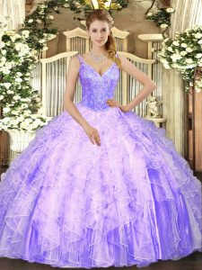 Lavender Sleeveless Beading and Ruffles Floor Length Quinceanera Dresses