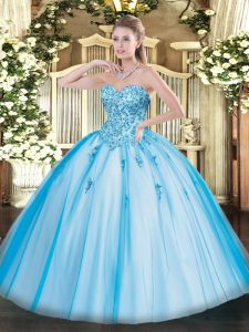 High End Baby Blue Ball Gowns Tulle Sweetheart Sleeveless Appliques Floor Length Lace Up Sweet 16 Quinceanera Dress