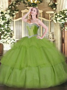 Beading and Ruffled Layers 15 Quinceanera Dress Olive Green Lace Up Sleeveless Floor Length