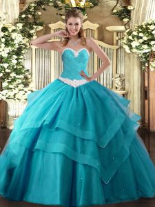 Appliques and Ruffled Layers Sweet 16 Quinceanera Dress Teal Lace Up Sleeveless Floor Length