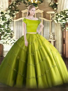 Excellent Olive Green Short Sleeves Floor Length Appliques Zipper Sweet 16 Dresses