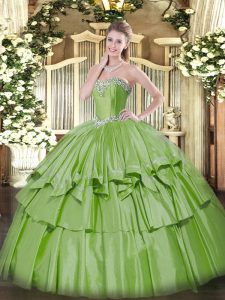 Yellow Green Organza and Taffeta Lace Up 15th Birthday Dress Sleeveless Floor Length Beading and Ruffled Layers