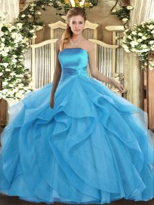 Baby Blue Sleeveless Tulle Lace Up Quince Ball Gowns for Military Ball and Sweet 16 and Quinceanera