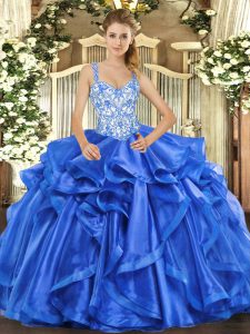 Sleeveless Organza Floor Length Lace Up Sweet 16 Quinceanera Dress in Blue with Beading and Ruffles