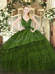 Dark Green Zipper Quince Ball Gowns Beading and Embroidery and Ruffled Layers Sleeveless Floor Length