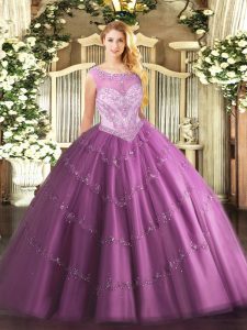 Lilac Ball Gowns Scoop Sleeveless Tulle Floor Length Zipper Beading Vestidos de Quinceanera