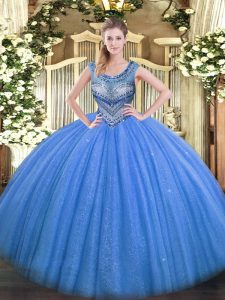 Fitting Floor Length Blue Quinceanera Gown Tulle Sleeveless Beading