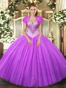 Lilac Tulle Lace Up Sweetheart Sleeveless Floor Length Quinceanera Dresses Beading