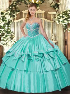 Decent Sweetheart Sleeveless Quinceanera Dresses Floor Length Beading and Ruffled Layers Apple Green Organza and Taffeta