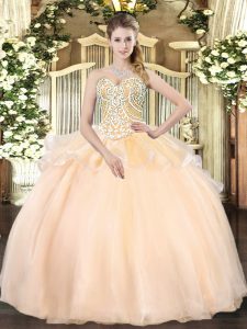 Champagne Ball Gowns Organza Sweetheart Sleeveless Beading Floor Length Lace Up Quinceanera Gowns