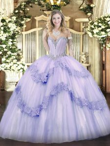 Dramatic Lavender Sleeveless Tulle Lace Up Vestidos de Quinceanera for Military Ball and Sweet 16 and Quinceanera