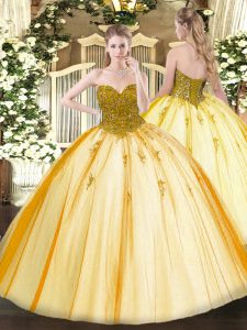 Enchanting Gold Ball Gowns Beading Quinceanera Gowns Lace Up Tulle Sleeveless Floor Length