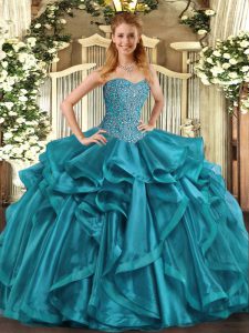 Beauteous Teal Ball Gowns Beading and Ruffles Quinceanera Gown Lace Up Organza Sleeveless Floor Length