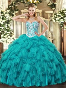 New Style Teal Sweetheart Lace Up Beading and Ruffles Quinceanera Gowns Sleeveless