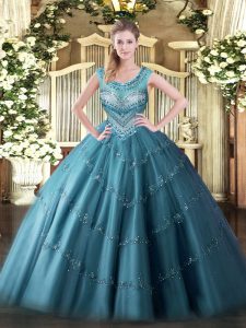 Scoop Sleeveless Quinceanera Gowns Floor Length Beading and Appliques Teal Tulle