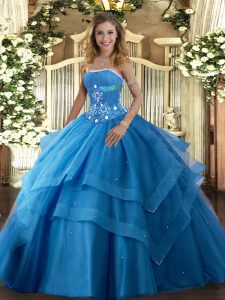 Chic Baby Blue Lace Up Quinceanera Gown Beading and Ruffled Layers Sleeveless Floor Length