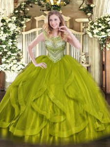 Popular Sleeveless Tulle Floor Length Lace Up Sweet 16 Dress in Olive Green with Beading